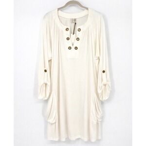 NWT Saint Tropez West Tunic Dress Sz 1X Cream Jersey Knit V-Neck Grommet Pockets